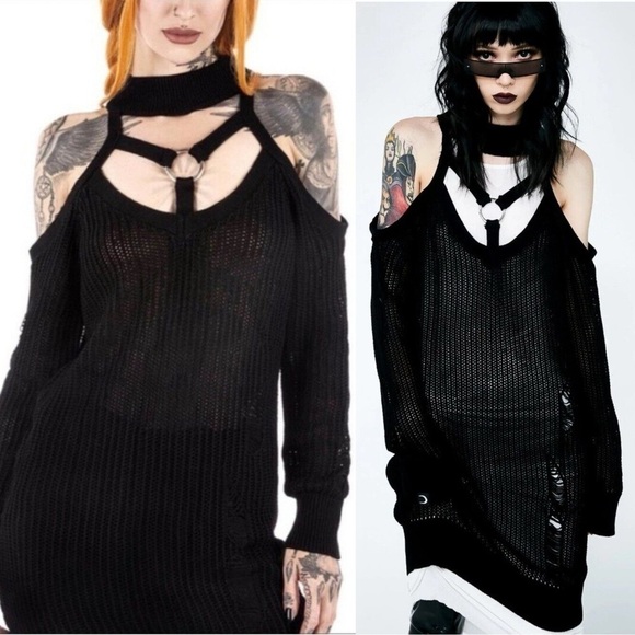 Killstar Dee Sturbed open knit black cold should sweater size XS goth emo grunge - Picture 1 of 9